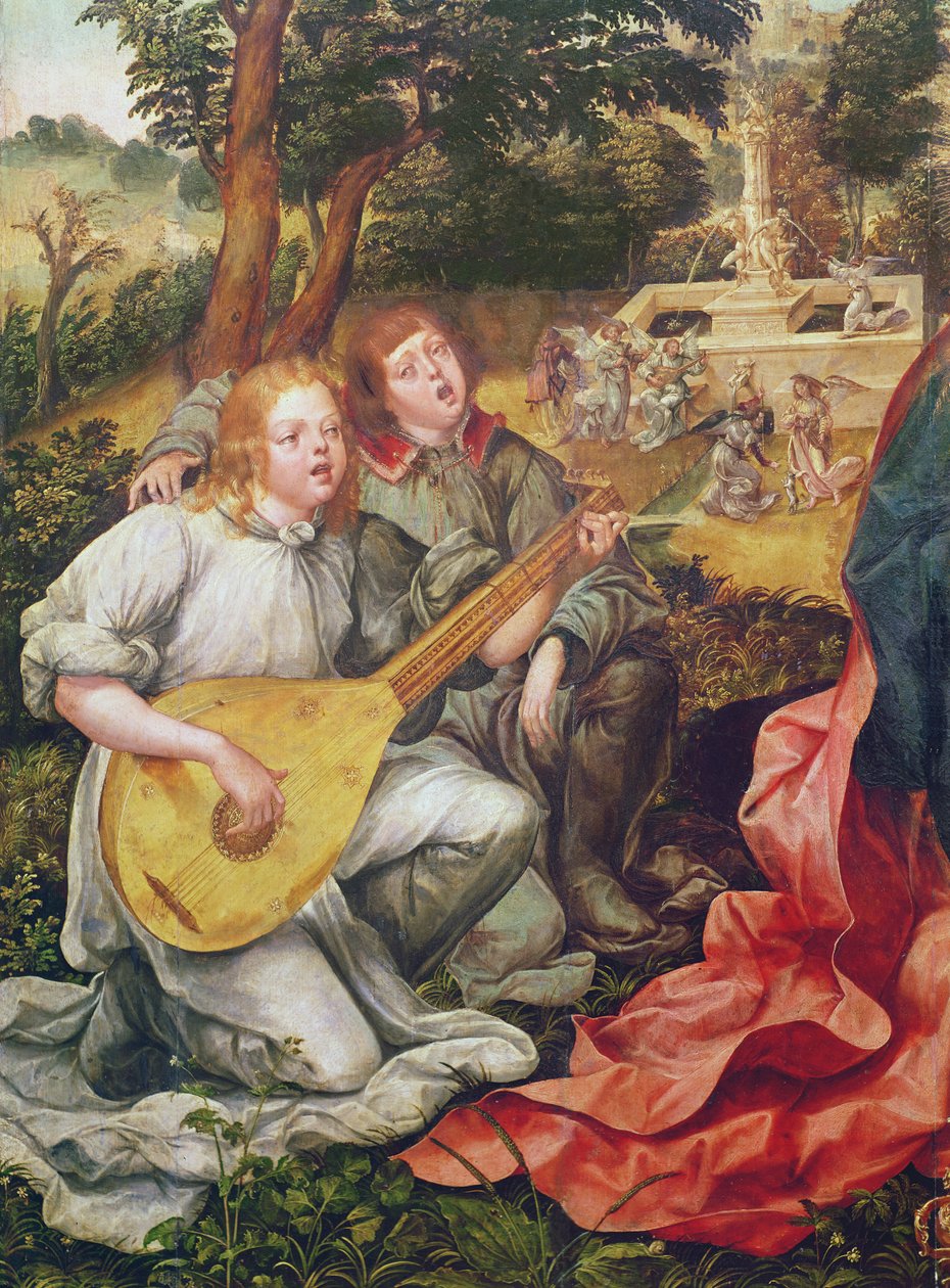 Dziewica i Dzieciątko z Aniołami, fragment Aniołowie Muzycy, 1536-38 autorstwa Gregorio Lopez