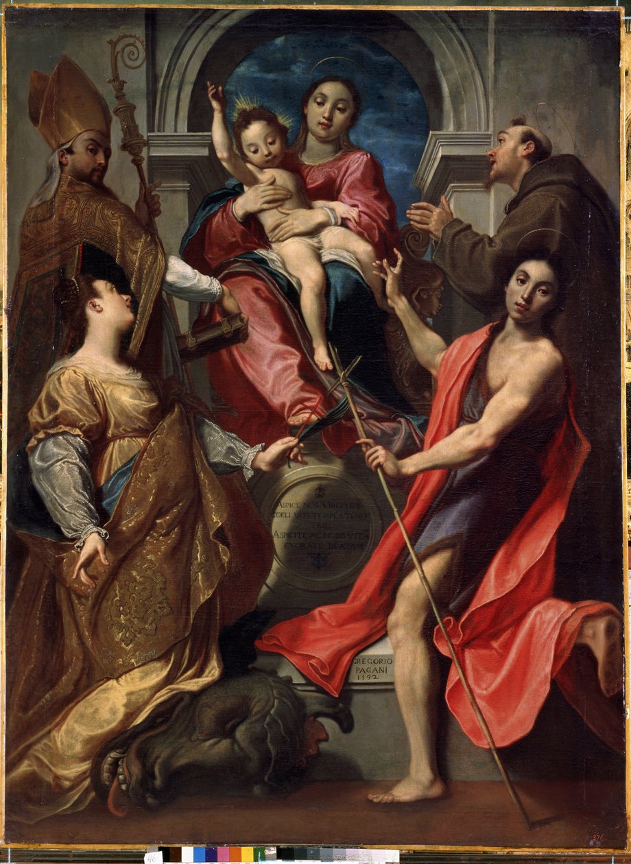 Dziewica z Dzieciątkiem ze świętymi Franciszkiem z Asyżu, Św. Janem Chrzcicielem, Św. Obraz Gregoire Pagani (15 autorstwa Gregorio Pagani