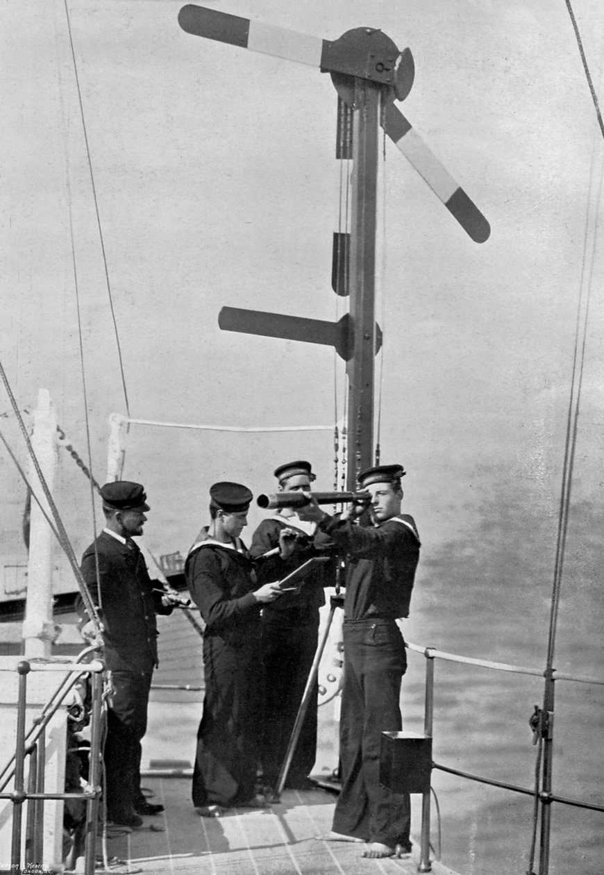 Sygnalizacja semaforem na pokładzie HMS Camperdown, 1895 autorstwa Gregory and Co