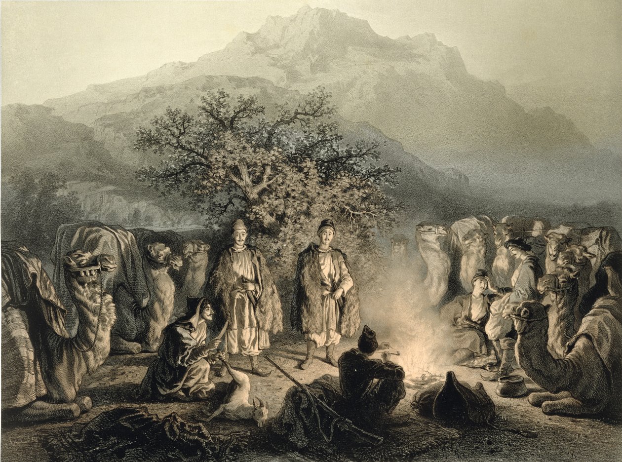 Karawana kupców ormiańskich, Zakaukazie, tablica 33 z księgi o Kaukazie, sztychowana przez Fortune Ferogio (1805-88) wyd. Alfred Leon Lemercier, Paryż, 1847 autorstwa Grigori Grigorevich Gagarin