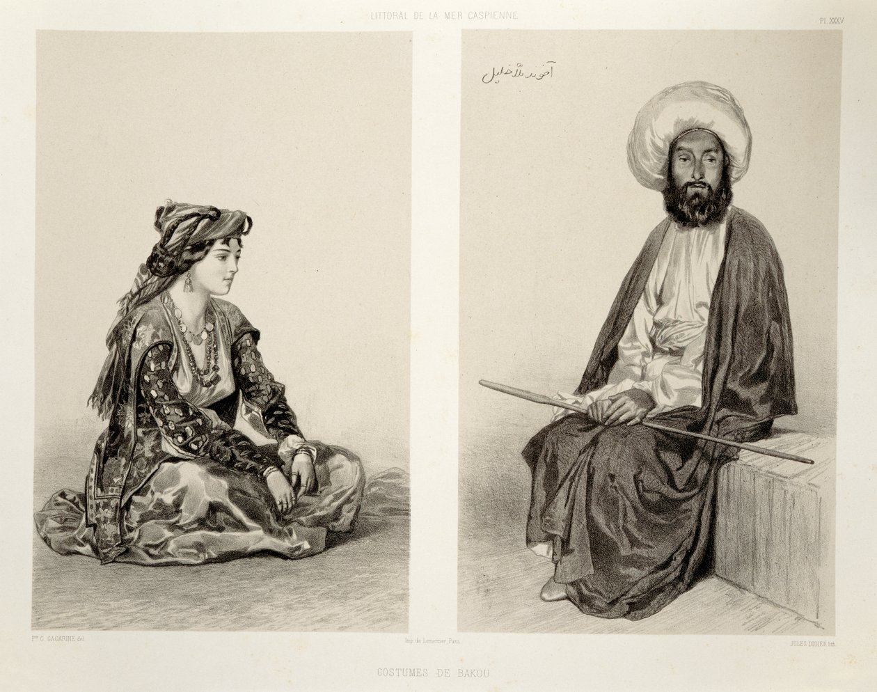 Kostiumy z Baku, Wybrzeże Kaspijskie, tablica 35 z księgi o Kaukazie, sztur. Jules Didier (1831-92), wyd. Alfred Leon Lemercier, Paryż, 1847 autorstwa Grigori Grigorevich Gagarin