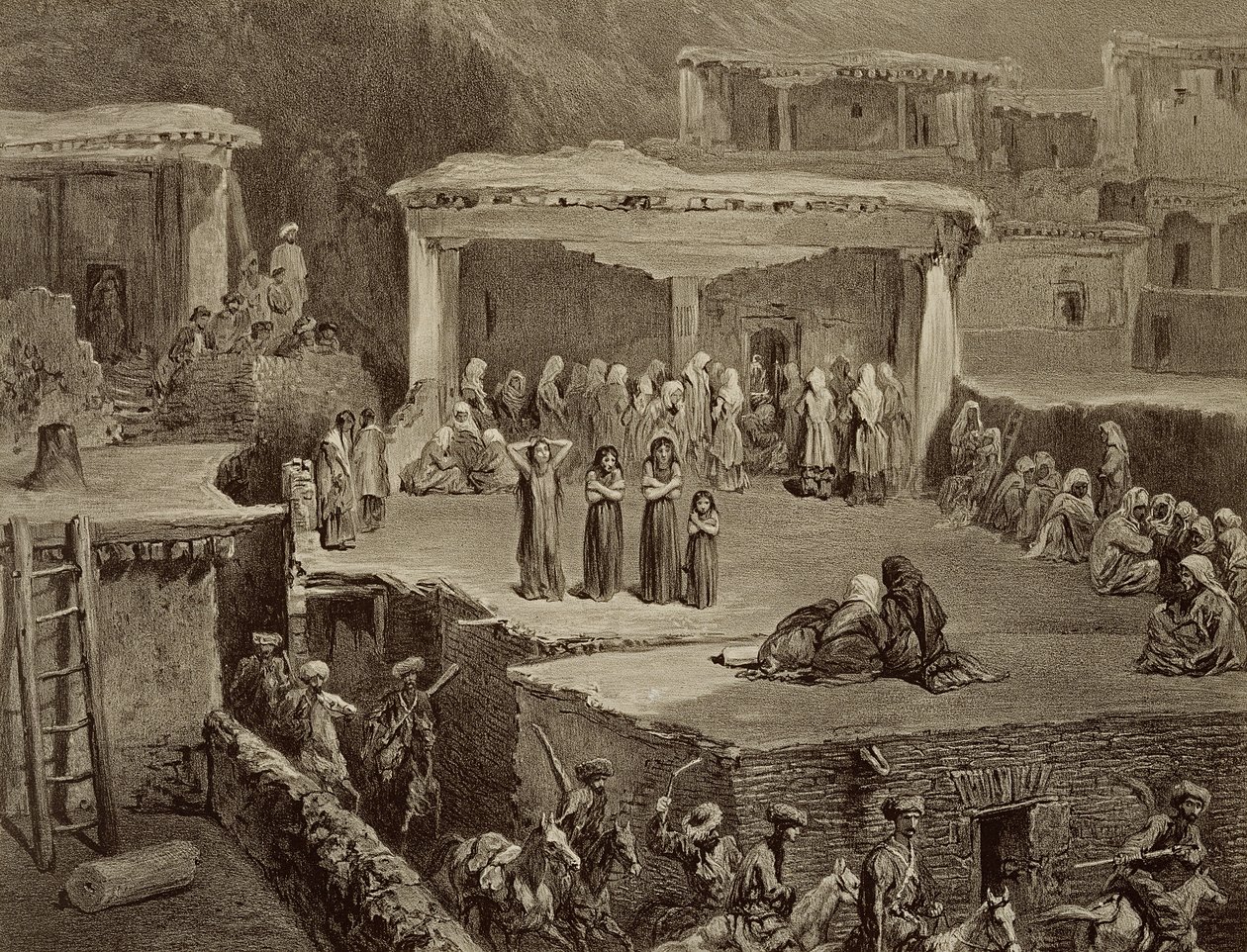Ceremonia pogrzebowa w ruinach w Achalczi, Dagestan, tablica 70 z księgi o Kaukazie, sztychowana przez Eugene