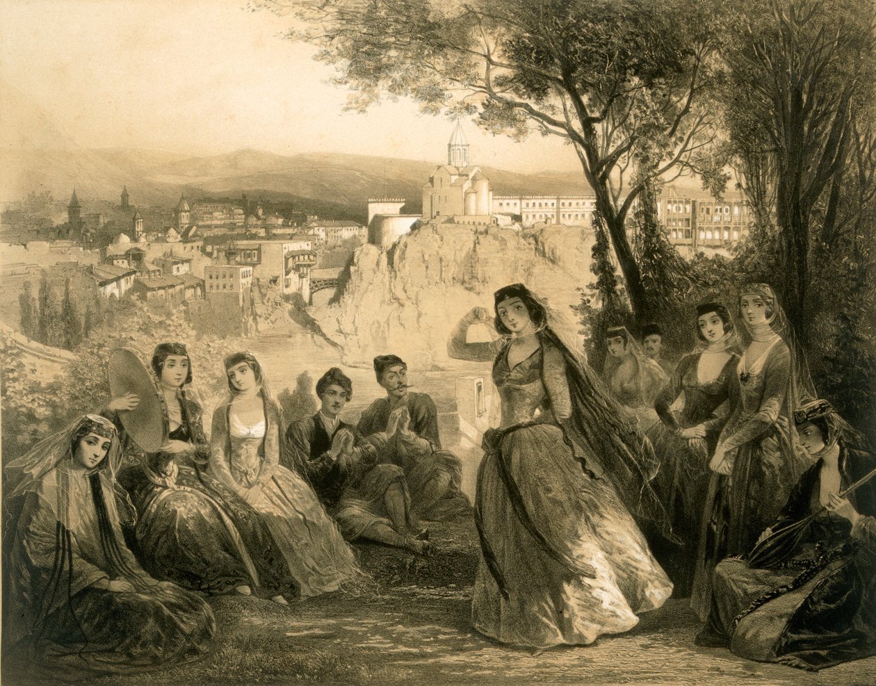 Ogród pod Tyflisem, Georgia, tablica 27 z książki o Kaukazie, wydanej przez Alfreda Leona Lemerciera, Paryż, 1847 autorstwa Grigori Grigorevich Gagarin