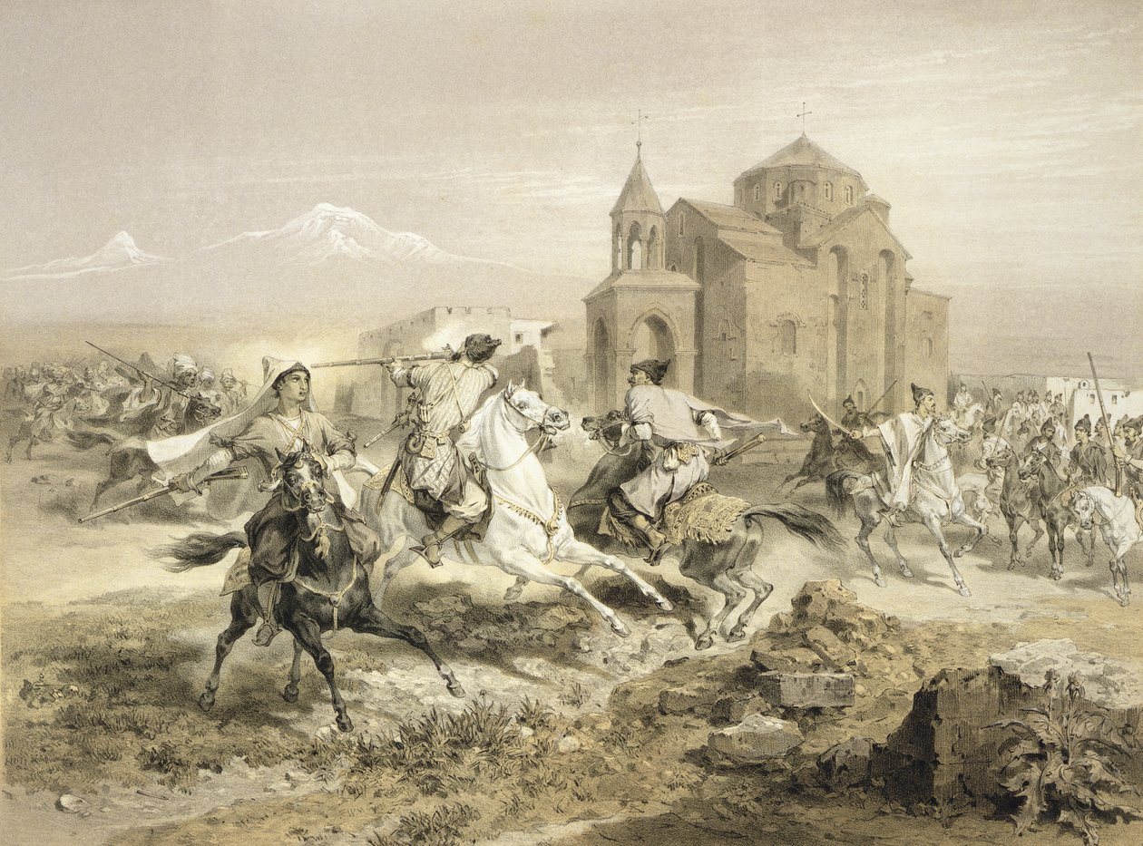 Potyczka Persów i Kurdów w Armenii, tablica 13 z księgi o Kaukazie, rytowana przez Adolphe Jean-Baptiste Bayot (1810-66) wyd. Alfred Leon Lemercier, Paryż, 1847 autorstwa Grigori Grigorevich Gagarin