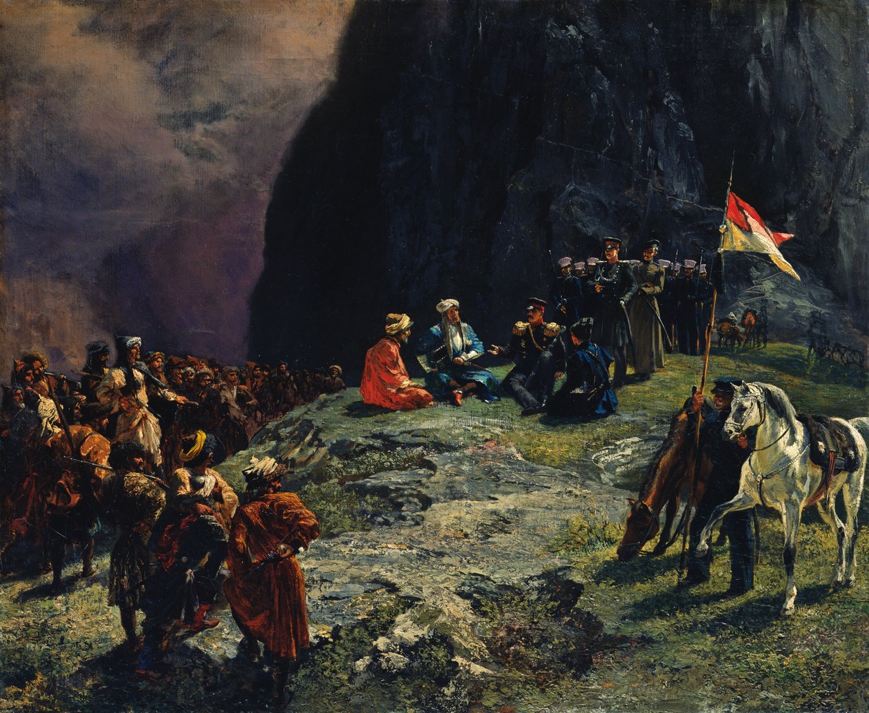 Spotkanie generała Kluke von Klugenau i imama Szamila w 1837, 1849 autorstwa Grigori Grigorevich Gagarin