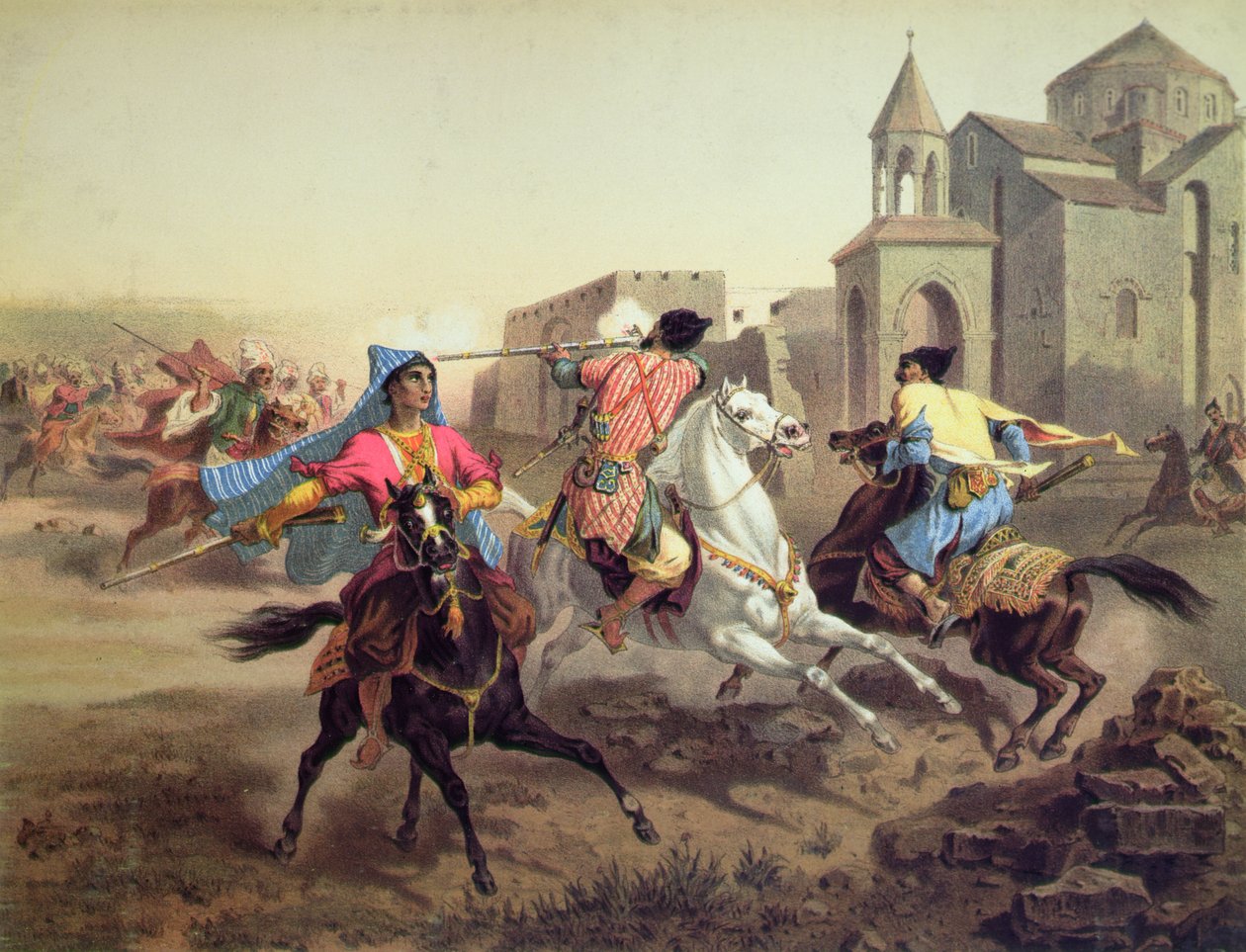 Potyczka Persów i Kurdów w Armenii, druk Alfred Leon Lemercier, Paryż, ok. 1850-60 (kolor lito) autorstwa Grigori Grigorevich (after) Gagarin