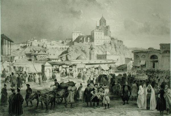 Bazar na Majdan Square, Tiflis, Georgia, płyta 25 z księgi o Kaukazie, rytowana przez Adolphe Jean-Baptiste Bayot (1810-66) i Eugene Ciceri (1813-90), wyd. Alfred Leon Lemercier, Paryż autorstwa Grigori Grigorevich (after) Gagarin