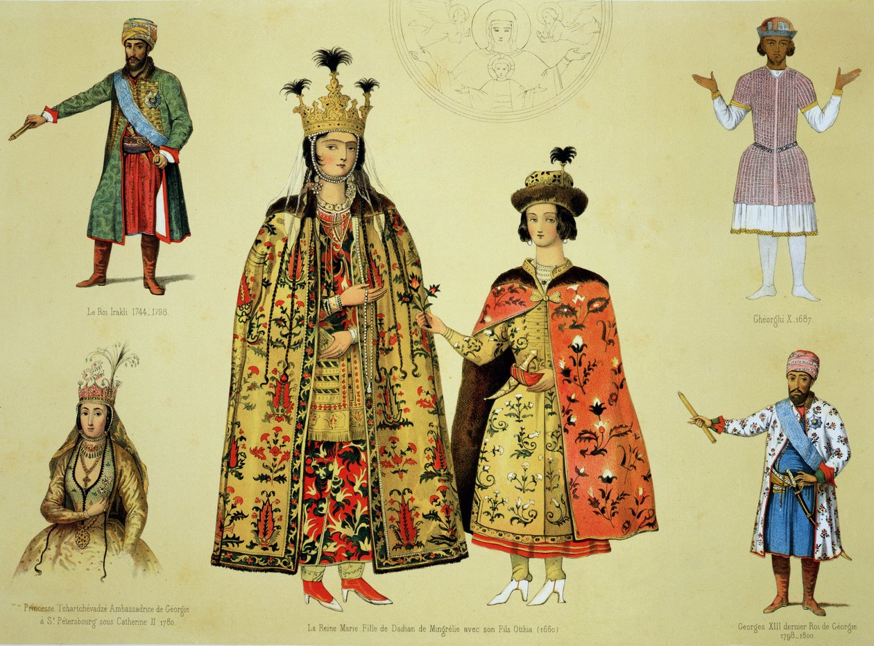 Kostiumy z XVII i XVIII wieku, tablica 56 z „Le Caucase pittoresque, dessine apres nature” z tekstem hrabiego Ernesta Stackelberga, opublikowana 1847 autorstwa Grigori Grigorevich Gagarin