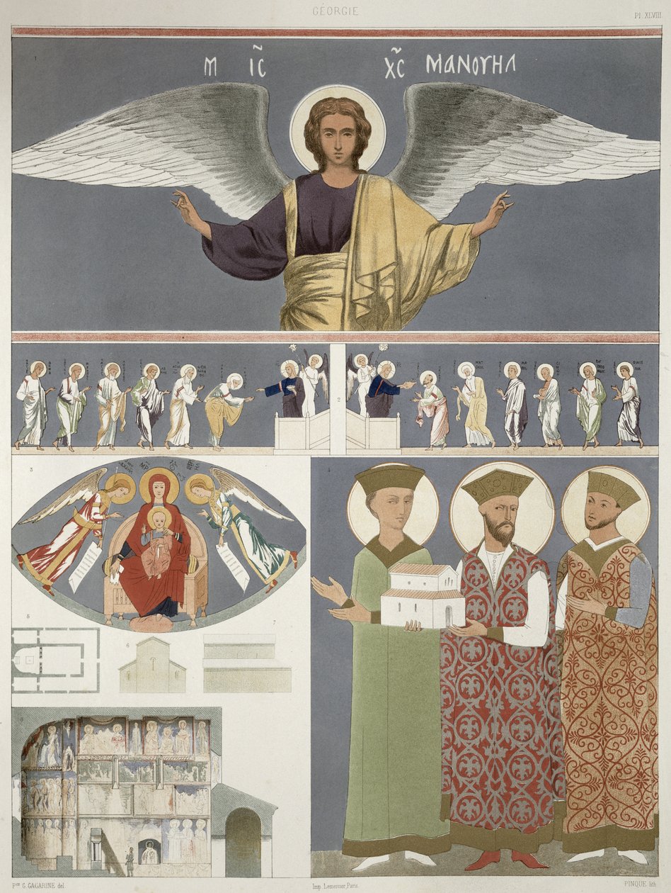 Freski z cerkwi w Nekrssi koło Dydony, tablica 48 z „Le Caucase pittoresque dessine apres nature”, z tekstem hrabiego Ernesta Stackelberga, opublikowana w 1847 r. autorstwa Grigori Grigorevich Gagarin