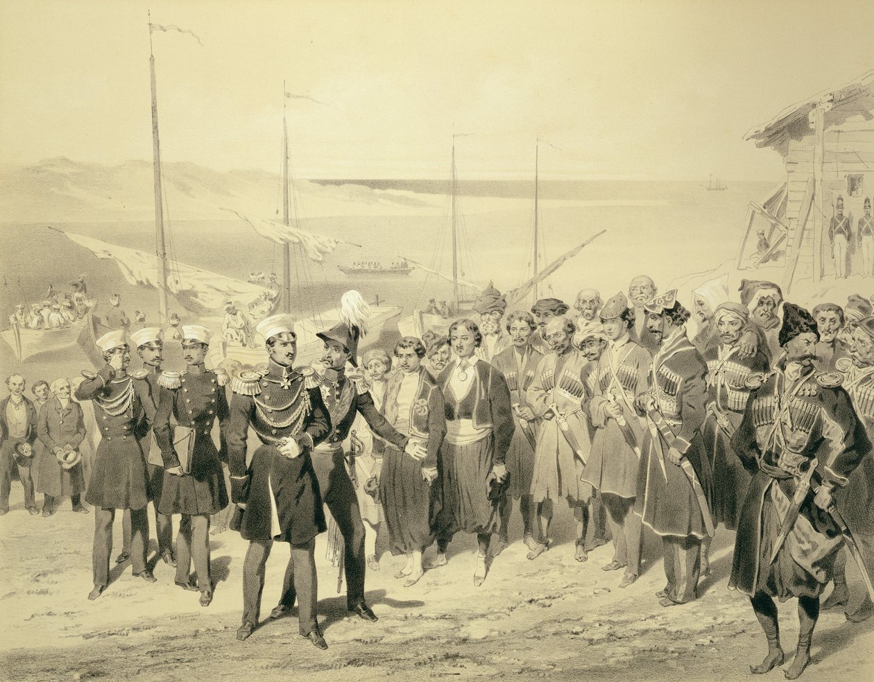 Lądowanie dowódcy wojskowego w Redout-Kale, nad Morzem Czarnym, tablica 5 z księgi o Kaukazie, sztychowanej przez Adolphe Jean-Baptiste Bayot (1810-66) wyd. Alfred Leon Lemercier, Paryż, 1847 (l autorstwa Grigori Grigorevich Gagarin