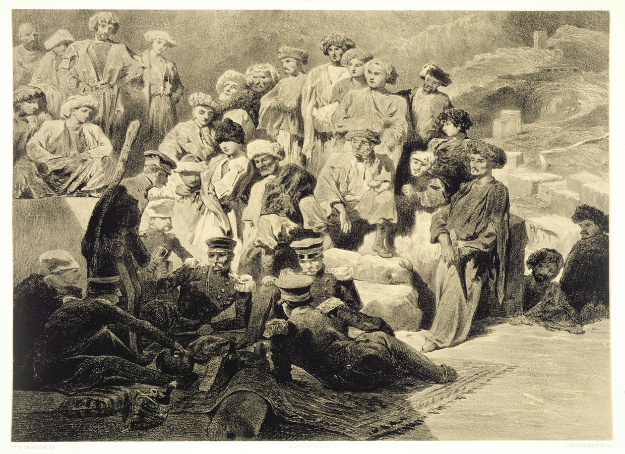Posiłek wojskowy w ruinach w Sioukh, Dagestan, tablica 69 z księgi o Kaukazie, rytowana przez Celestina Francois Nanteuila (1813-73), wydana przez Alfreda Leona Lemerciera, Paryż, 1847 autorstwa Grigori Grigorevich Gagarin