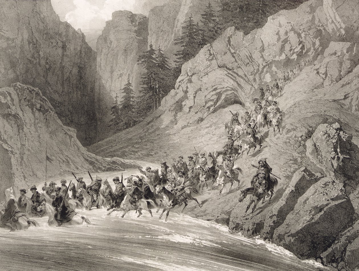 Tcherkersseians podczas najazdu w pobliżu Morza Czarnego, płyta 4, z księgi o Kaukazie, rytowanej przez Eugene Ciceri (1813-90) i Adolphe Jean-Baptiste Bayot (1810-66), wydanej przez Alfreda Leona Lemerciera, P. autorstwa Grigori Grigorevich Gagarin