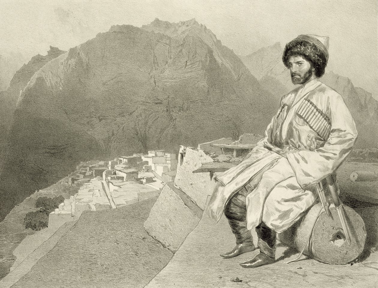 Widok Ghimri i Portret Hadji-Mourada, tablica 66 z księgi o Kaukazie, rytowana przez Julesa Josepha Augustina Laurensa (1825-1901) i Eugene’a Ciceri (1813-90) autorstwa Adolphe Mouillerona (1820-81), pu autorstwa Grigori Grigorevich Gagarin