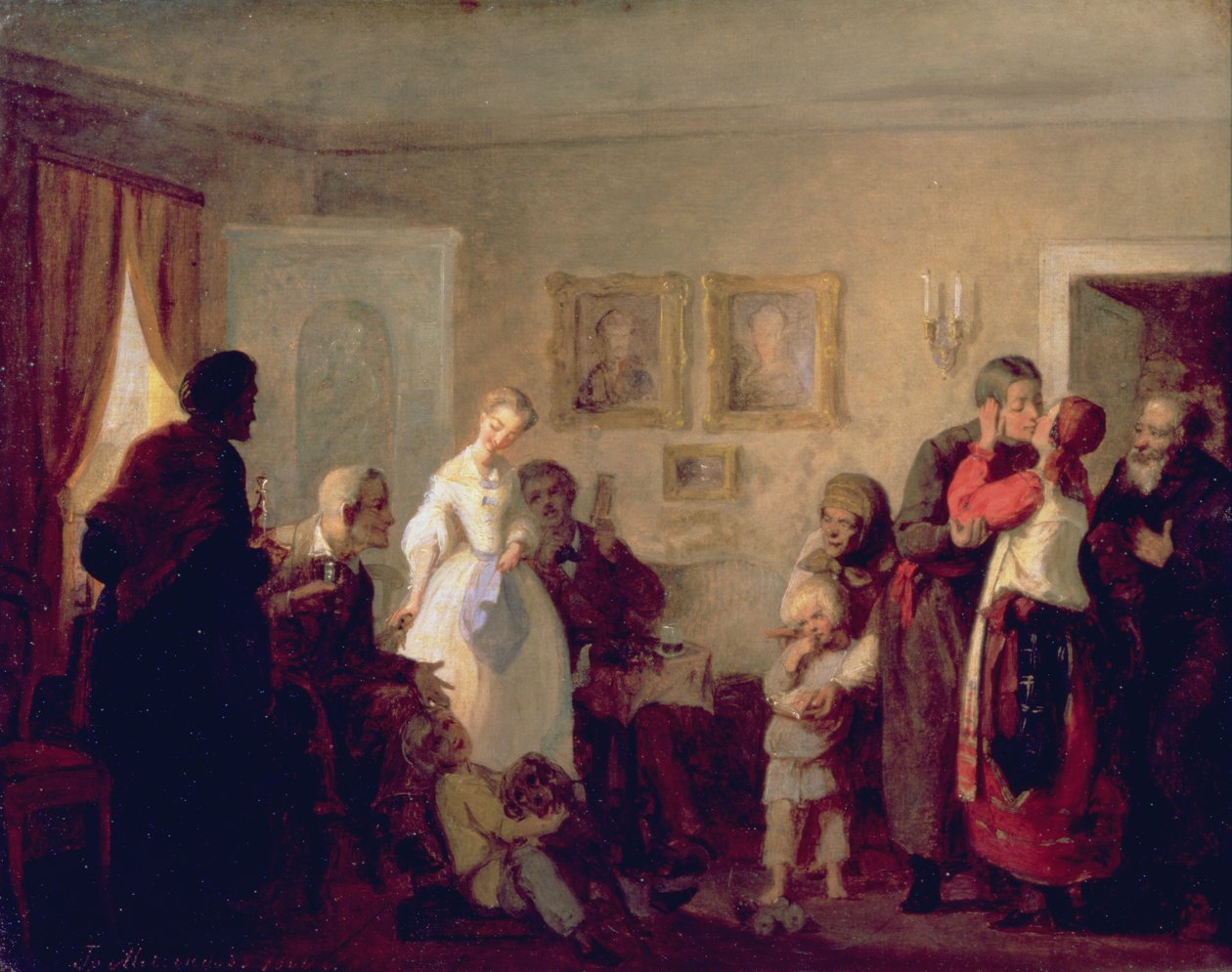 Gratulacje nowożeńców w dworku, 1860 autorstwa Grigori Grigorievich Mjasoedov