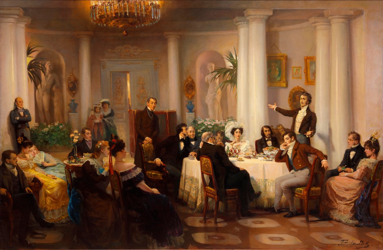 Puszkin i jego przyjaciele słuchają Adama Mickiewicza w salonie księżnej Zinaidy Wołkońskiej, 1899 autorstwa Grigori Grigorievich Mjasoedov