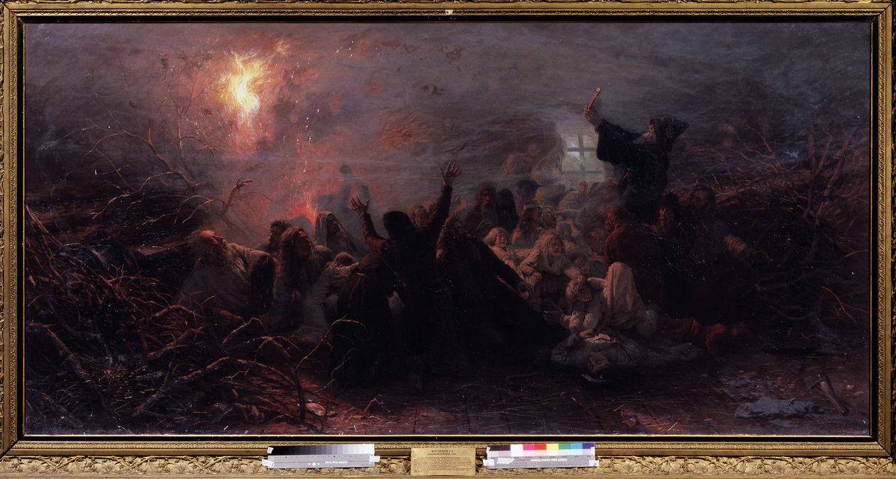 Samospalenie. Epizod raskola (lub schizmy) cerkwi prawosławnej w latach 1666-1667, kiedy na znak protestu przeciwko reformom patriarchy Moskwy niektórzy staroobrzędowcy podpalili się w obawie przed końcem wschodu. autorstwa Grigori Grigoryevich Myasoedov
