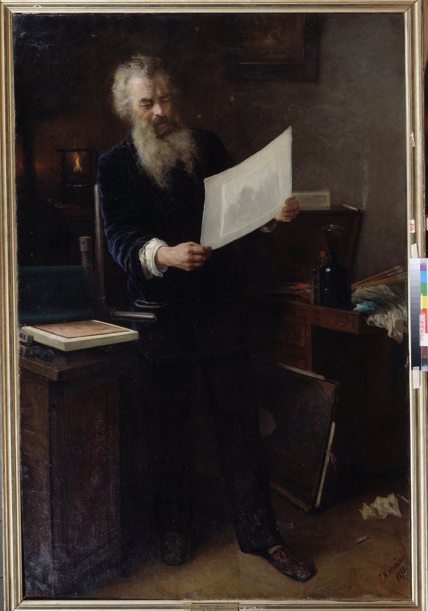 ""Pierwsze wrażenie"" (Pierwsze wrażenie). Portret artysty Iwana Iwanowicza Szyszkina (Iwana Iwanowicza Szyszkina) (1832-1898) przyglądającego się jednej ze swoich właśnie wykonanych prac. Obraz Grigorija (Grigoriy, Grigory) Grigoryevich Myasoyedov ( autorstwa Grigori Grigoryevich Myasoedov