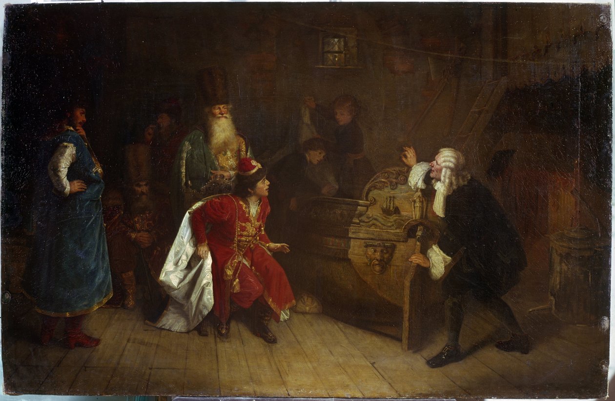 Dziadek floty rosyjskiej. (Dziadek Floty Rosyjskiej). Scena z dzieciństwa Piotra I Wielkiego (1672-1725), w domu swojego dziadka Nikity Romanowa (?) odkrył angielski kajak, z którego zrodził się jego zamiłowanie do żeglugi. Namalowany autorstwa Grigori Grigoryevich Myasoedov