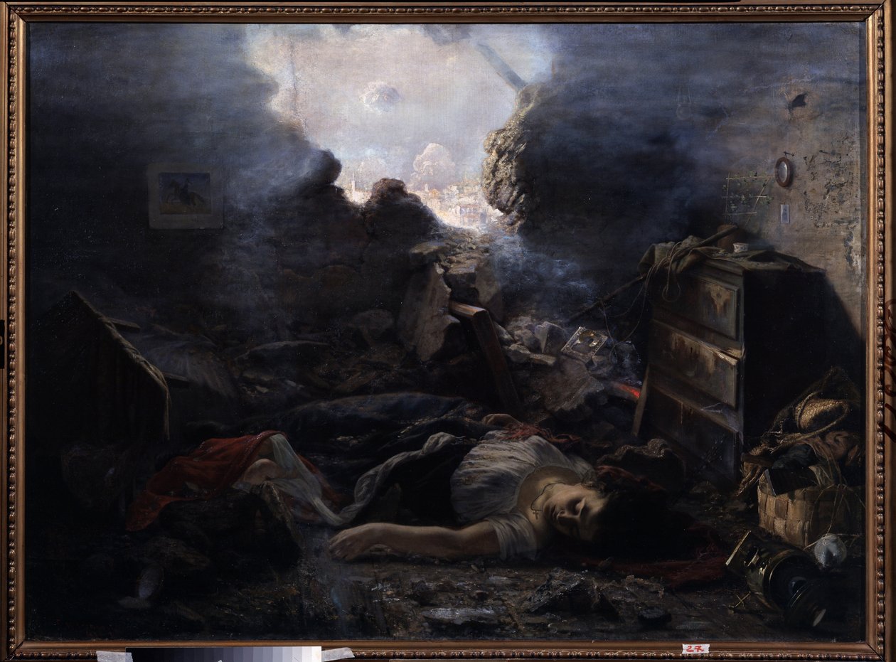 Oblężenie Sewastopola (Ukraina) (Oblężenie Sewastopola). Opis okrucieństw wojny krymskiej (1853-1856), podczas epizodu oblężenia Sewastopola w 1854 roku. Zwłoki kobiety i jej dziecka leżą na podłodze ich domu z rozdartą ścianą autorstwa Grigori Grigoryevich Myasoedov
