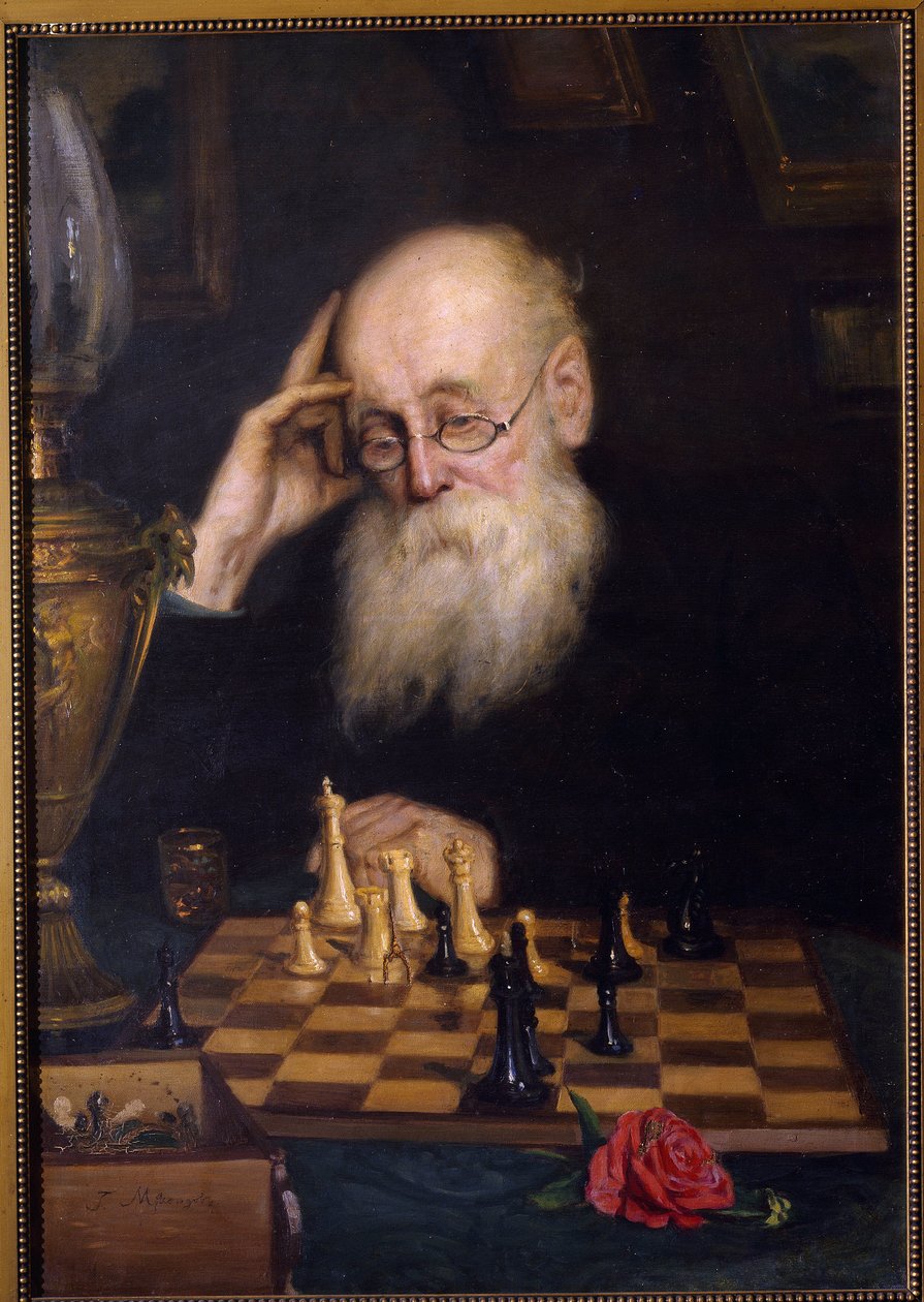 Szachy przeciwko sobie (Szachy z samym sobą). Obraz Grigorija (Grigoriy, Grigory) Grigoryevich Myasoyedov (Myasoedov, Miasoedov) (1834-1911), olej na płótnie autorstwa Grigori Grigoryevich Myasoedov