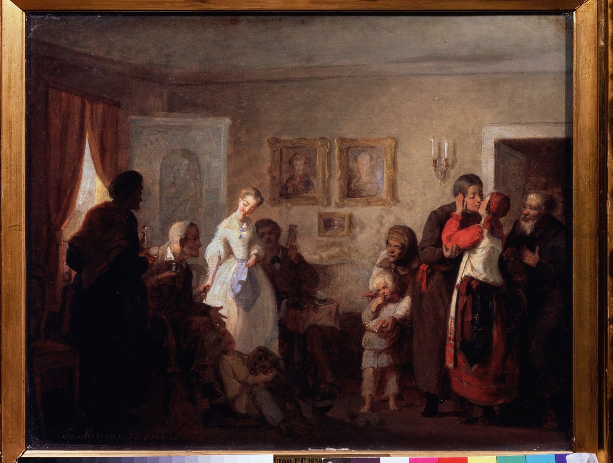 Les felicitations a un couple de jeunes maries dans un manoir. (Congratulations To The Newly Married Couple In A Manor House). Peinture de Grigori (Grigoriy, Grigory) Grigoryevich Myasoyedov (Myasoedov, Miasoedov) (1834-1911), huile sur toile   1410139   p autorstwa Grigori Grigoryevich Myasoedov