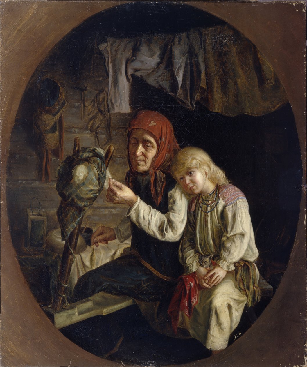 Lekcja spinningu, 1859 autorstwa Grigori Grigoryevich Myasoedov