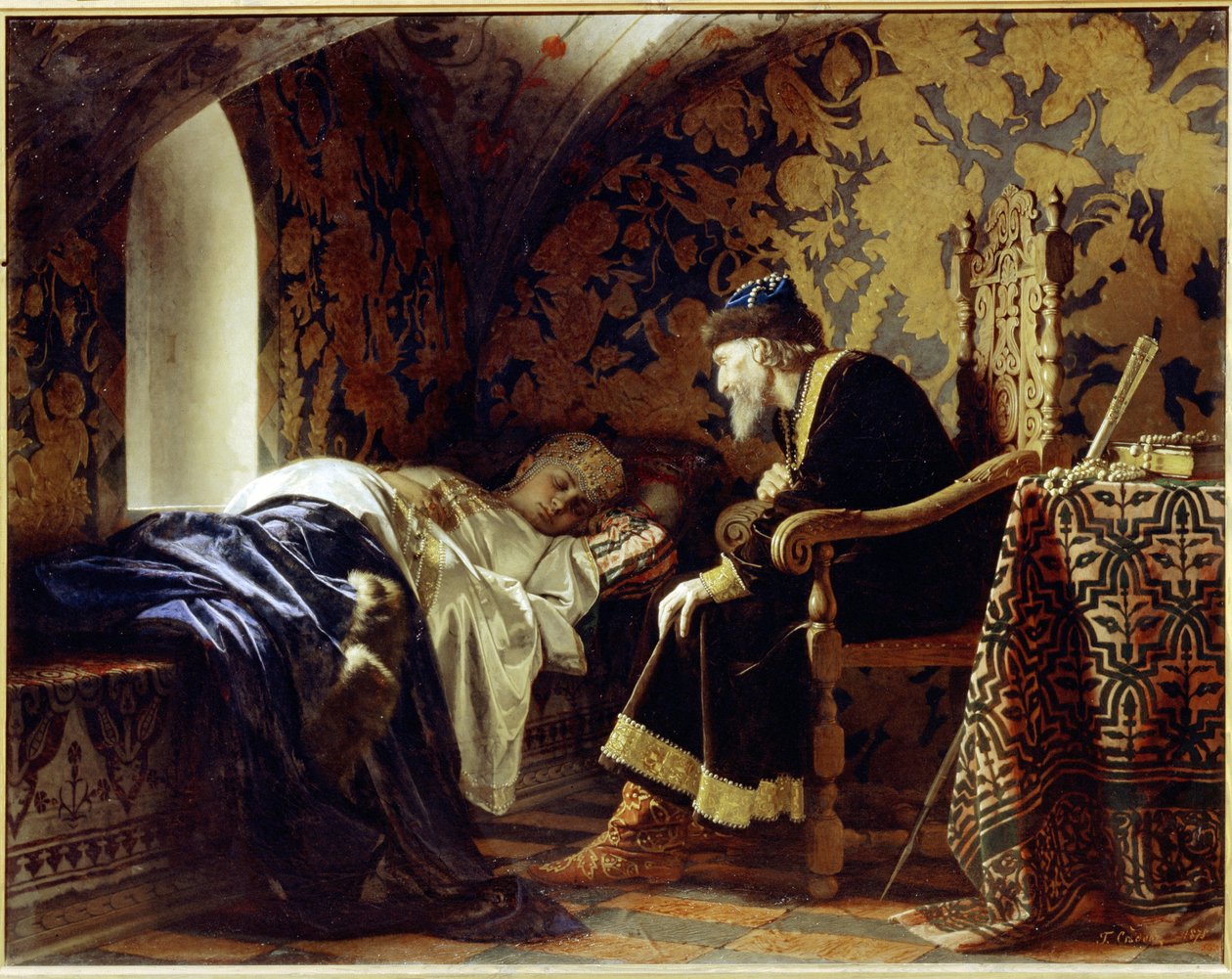 Wasilisa Mielenjewa (zm. 1579) i car Iwan IV Groźny (1530-1584). (Wasylisa Mielentyewna i car Iwan Groźny). Młoda i piękna kobieta, szósta żona cara, śpi na ławce pod czułym spojrzeniem Iwana Terra autorstwa Grigori Semenovich Sedov