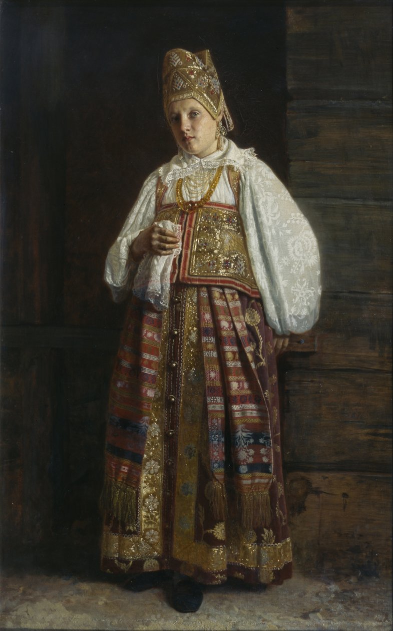 Kobieta z Kurska w tradycyjnym rosyjskim stroju, 1871 autorstwa Grigori Semenovich Sedov