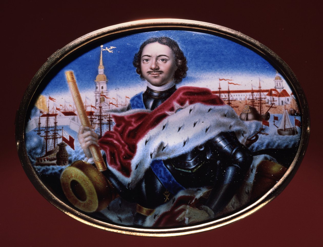 Portret cesarza Piotra I Wielkiego (1672-1725), z widokiem na Twierdzę św. Piotra i Pawła w Petersburgu. (Portret cesarza Piotra I z widokiem na Twierdzę Piotra i Pawła w Petersburgu). Grafika autorstwa Grigoriego Siemionowicza Mu autorstwa Grigori Semyonovich Musiklysky