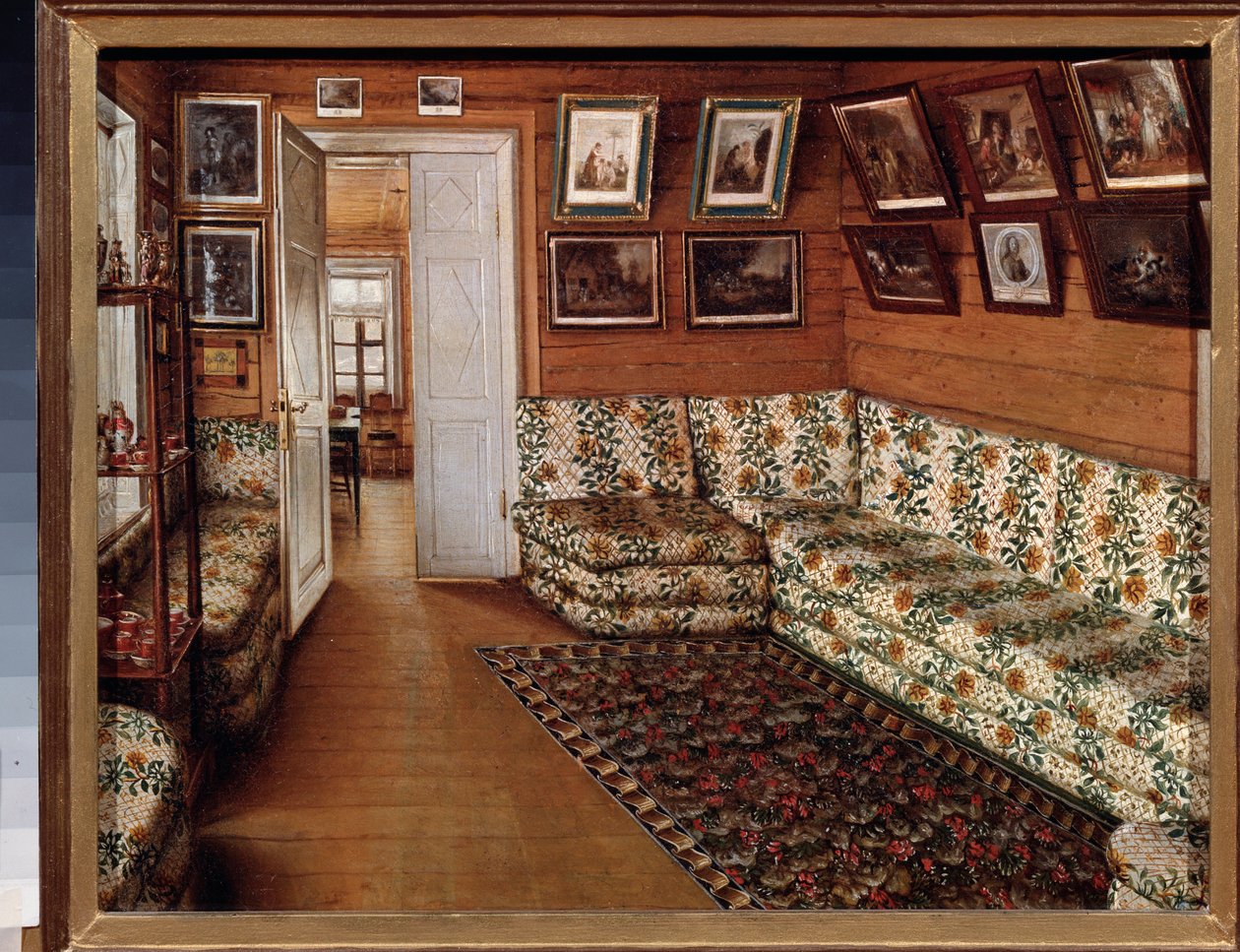 Sala recepcyjna w dworku - Obraz Grigori Vasilyevich Soroka (1823-1863), olej na płótnie - XIX-wieczna sztuka rosyjska - Państwowe Muzeum Historii i Sztuki w Pskowie (Rosja) autorstwa Grigori Vasilievich Soroka