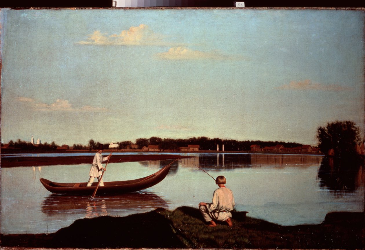 Rybak liniowy (I młody wioślarz, stojący w łodzi) - Wędkarz - Obraz Grigori Vasilyevich Soroka (1823-1863), olej na płótnie, ok. 1840 - Sztuka rosyjska autorstwa Grigori Vasilievich Soroka