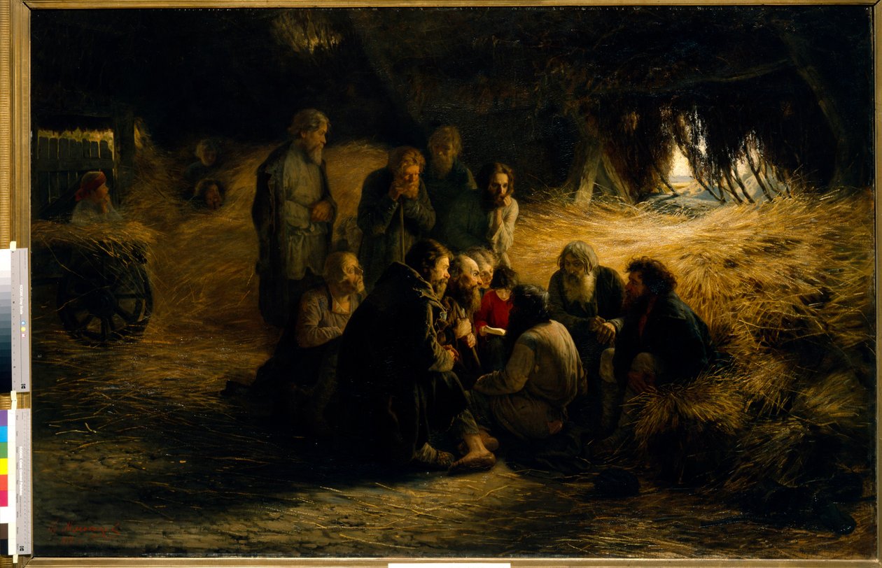 Zniesienie pańszczyzny w Rosji: ogłoszenie emancypacji poddanych w 1861 r. (Ogłoszenie reformy emancypacji poddanych z 1861 r.) - Olej na płótnie autorstwa Grigorija (Grigoriy, Grigory) Grigoryevich Myasoyedov (Myasoedov, Miasoedov) (1834-1911) autorstwa Grigoriy Myasoyedov