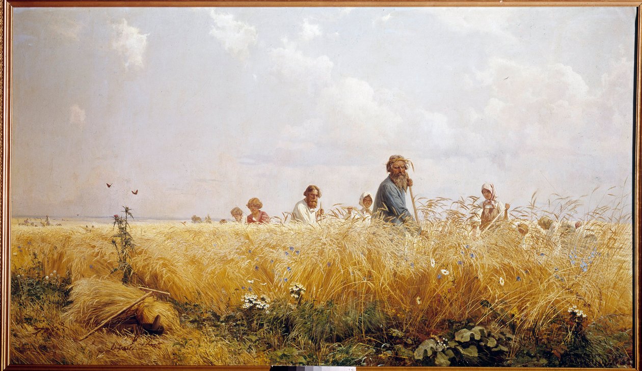 Żniwa rosyjskich chłopów koszących błogosławieństwa. Obraz Grigori Miassoiedow (1835-1911) XIX-wieczny Peterhof, Biblioteka Zamkowa autorstwa Grigoriy Myasoyedov