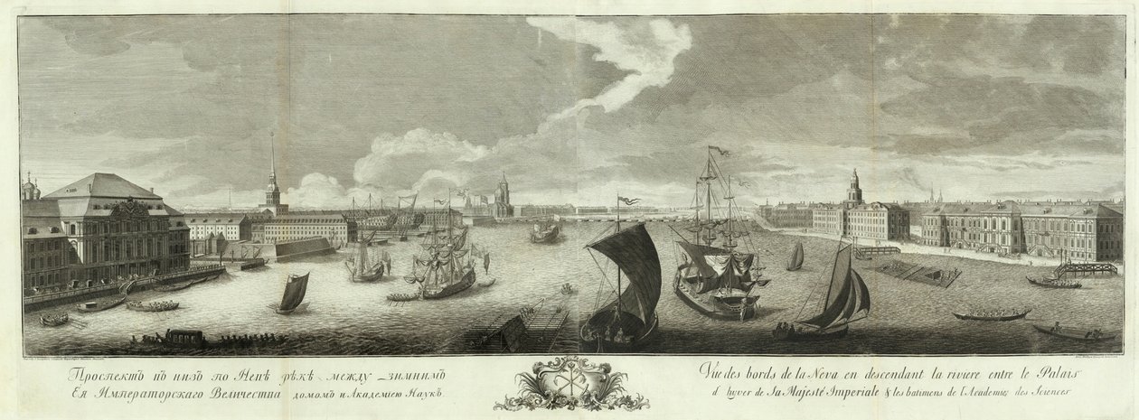 Widok na Newę w dole rzeki między Pałacem Zimowym a Akademią Nauk Księga do 50-lecia Petersburga, 1753 autorstwa Grigory Anikeevich Kachalov