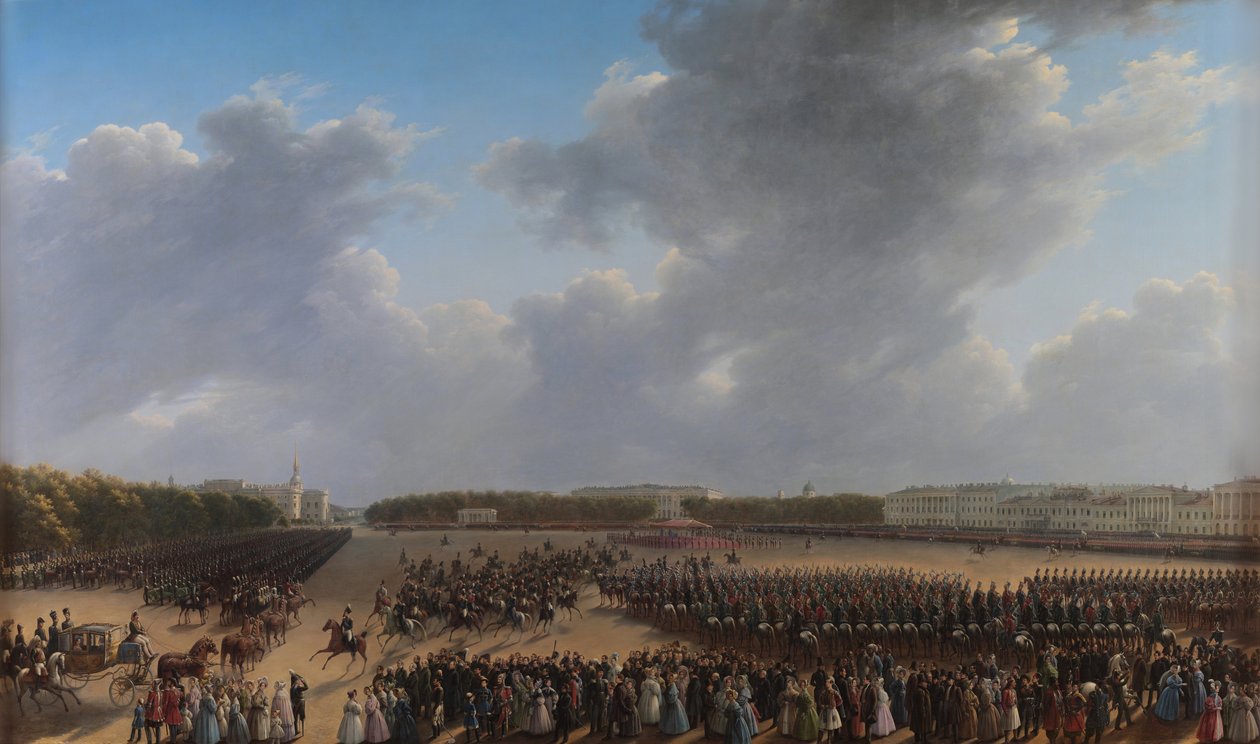 Parada z okazji zakończenia działań wojennych w Królestwie Polskim na Łące Carskiej w Petersburgu 6 października 1831 r. autorstwa Grigory Chernetsov