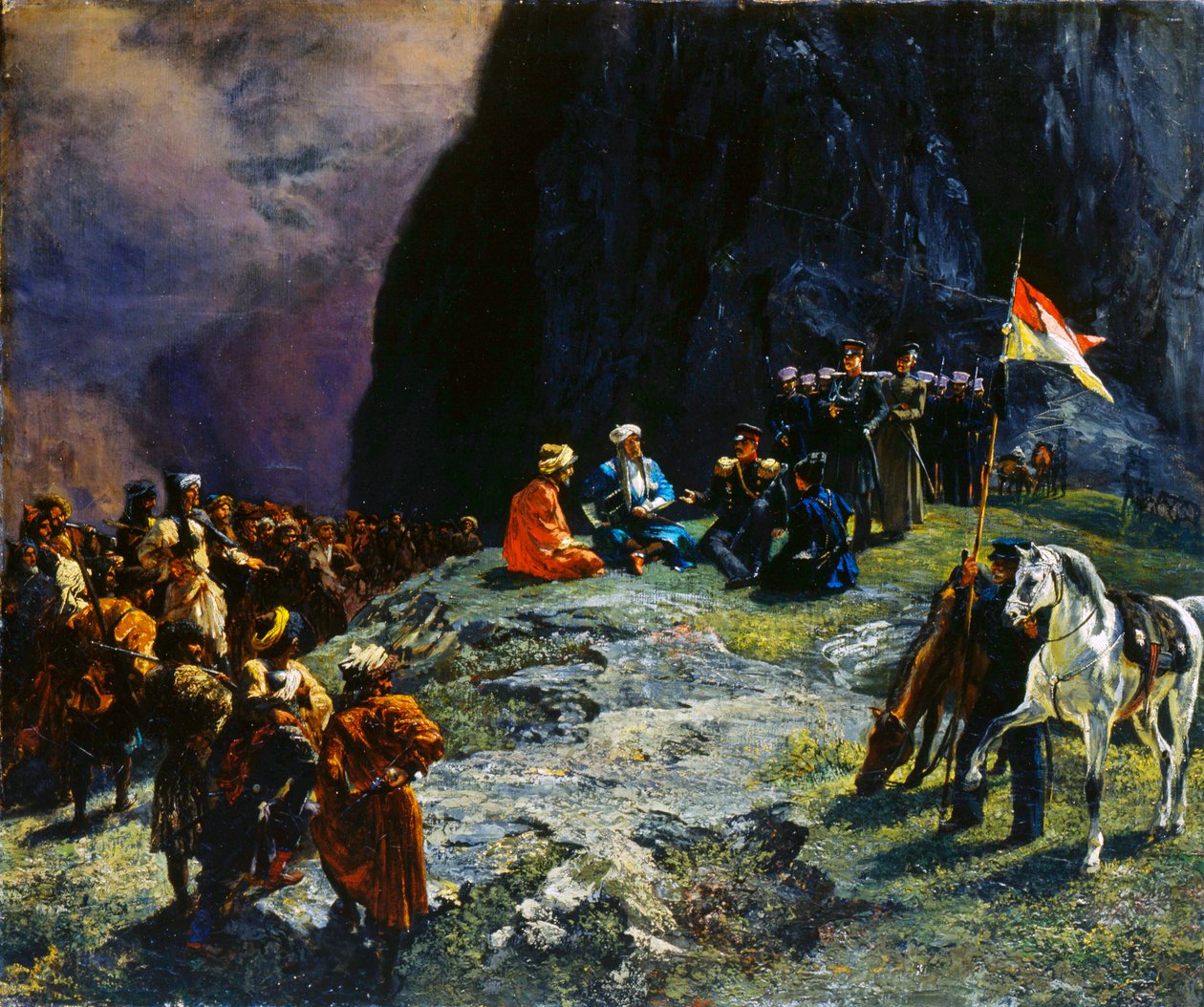 Spotkanie generała Klüke von Klügenau i imama Szamila w latach 1837, 1849. autorstwa Grigory Gagarin