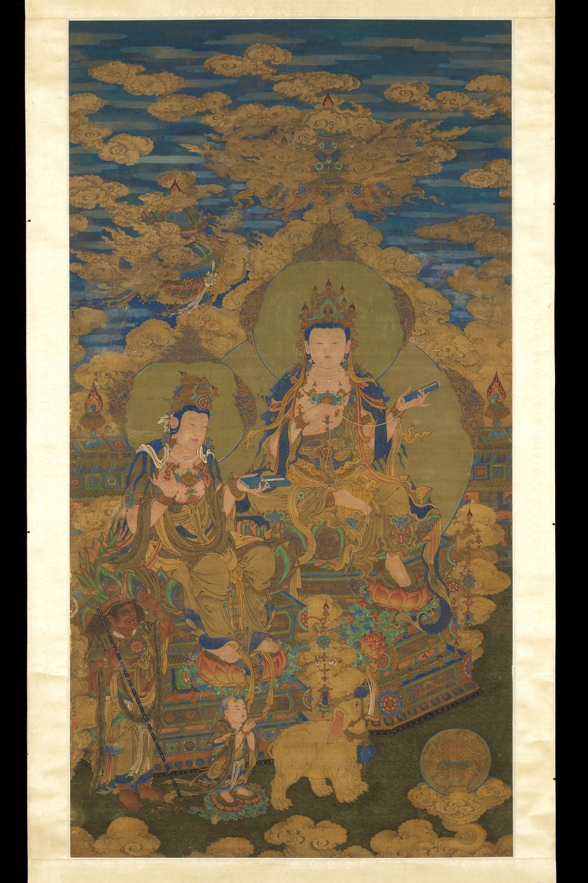 Dwie wersje bodhisattwy Guanyin, ok. 1750 (tusz i kolor na jedwabiu) autorstwa Guanpeng (after) Ding