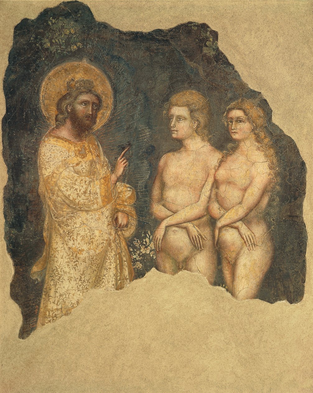 Adam i Ewa przed Wiecznym, autorstwa Guariento (czynny od 1338, zm. ok. 1367), fresk, Kaplica Carrarese, Galilejska Akademia Sztuk i Nauk, wcześniej Patavina, Padwa, Włochy, ok. 1350 autorstwa Guariento di Arpo