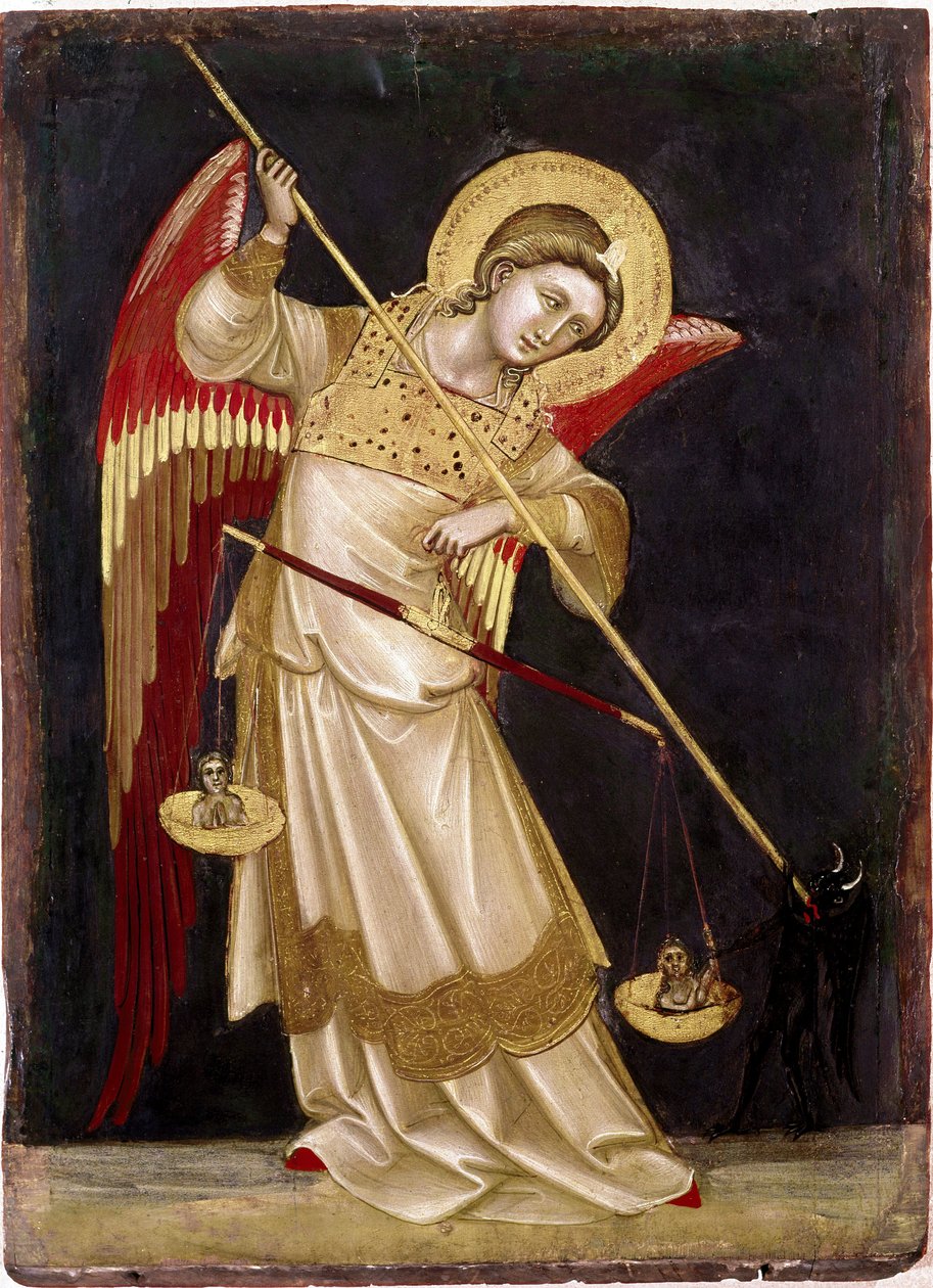 Anioł ważący duszę na wadze Obraz na drewnie Guariento di Arpo (1338-1370) XIV-wieczne Museo Civico, Padwa autorstwa Guariento di Arpo
