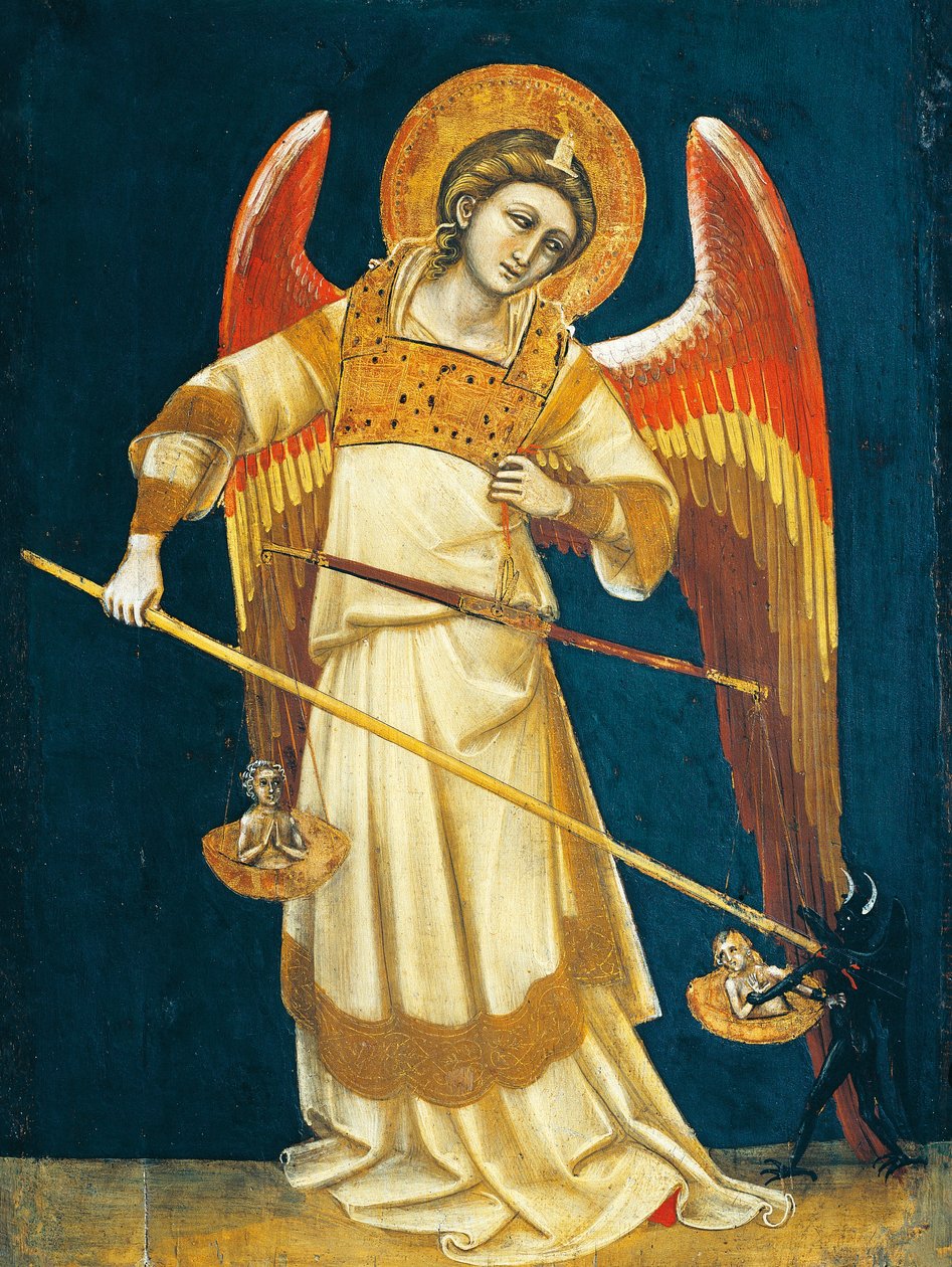 Archanioł Michał ważąc dusze, ok. 1354, Guariento (aktywny 1338-1367 lub 1370), tempera na panelu autorstwa Guariento di Arpo