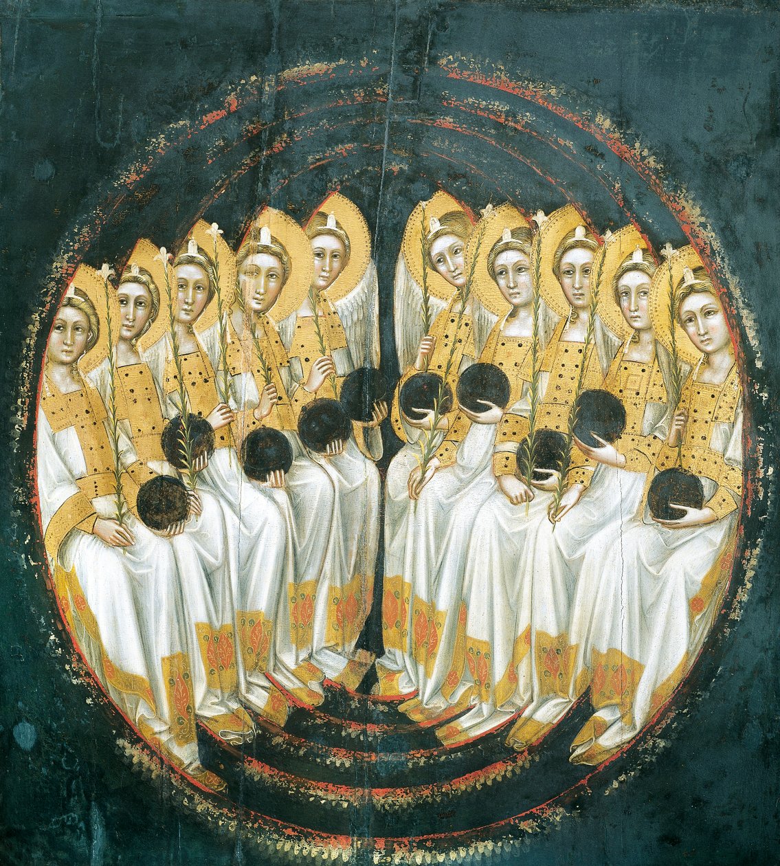 Siedzące anioły z kulami w dłoniach, autorstwa Guariento (aktywny 1338-1367 lub 1370), tempera na panelu autorstwa Guariento di Arpo