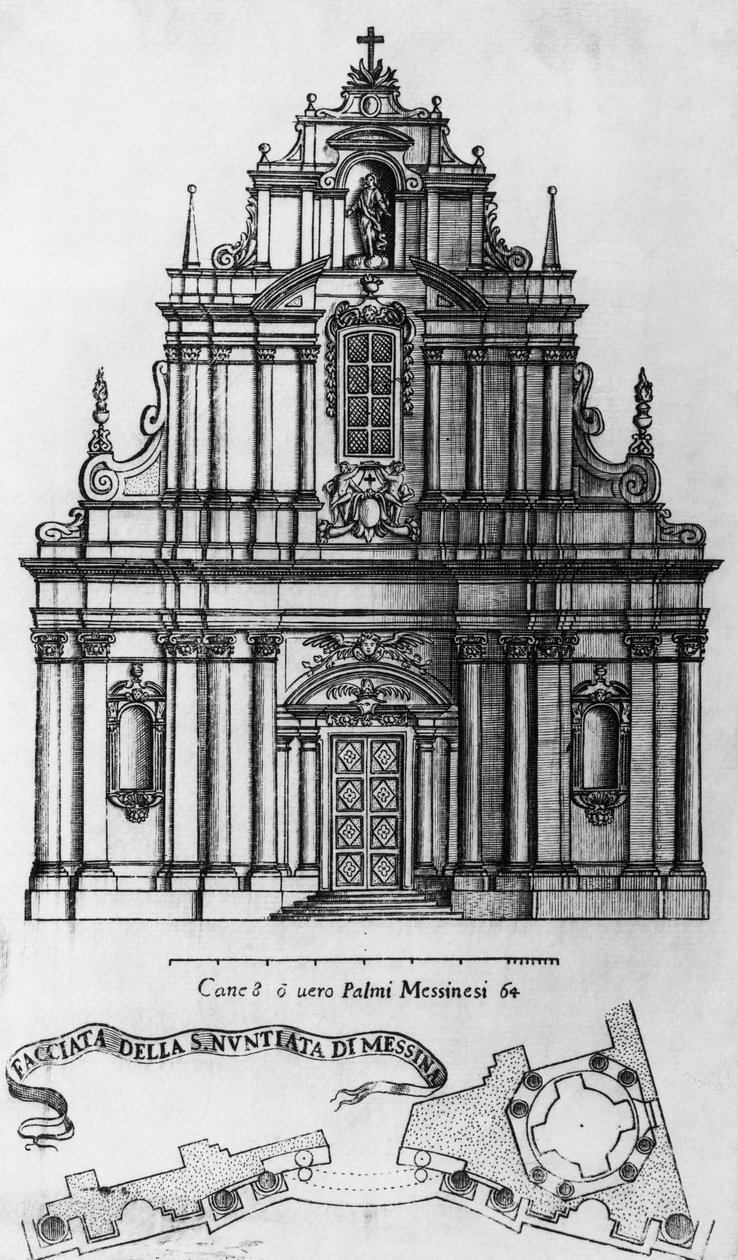 Fasada i układ kościoła Zwiastowania w Mesynie, rycina Guarino Guariniego (1624-1683), Włochy autorstwa Guarino Guarini