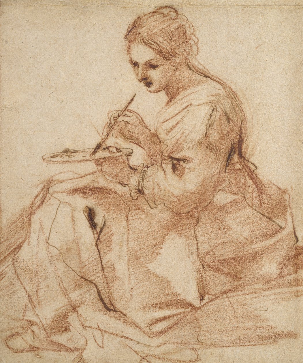 Obraz kobiety (alegoria malarstwa), ok. 1618 (czerwona kreda dotknęła długopisem i brązowym tuszem na złamanym papierze) autorstwa Giovanni Francesco Barbieri