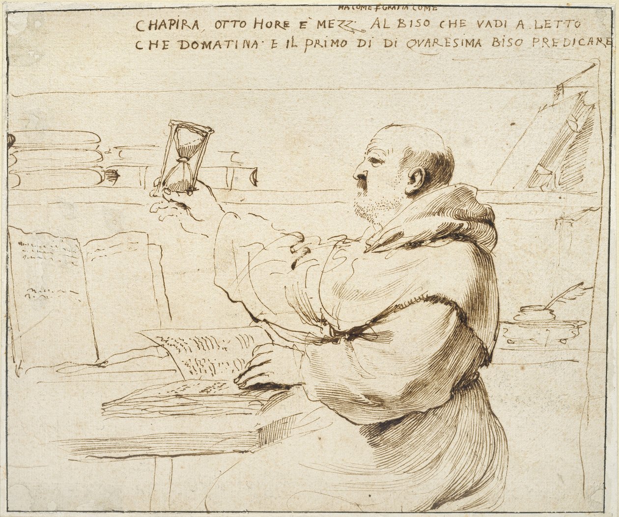 Karykatura Fra Bonaventura Bisi, 1655 - 1659 (pióro i brązowy tusz na złamanym papierze) autorstwa Giovanni Francesco Barbieri