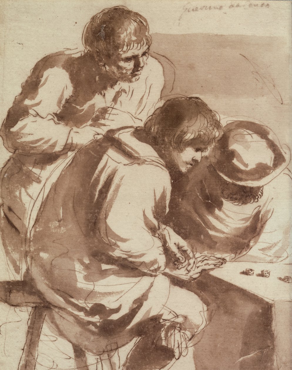 Kości do gry (pióro i atrament i pranie na papierze) autorstwa Giovanni Francesco Barbieri