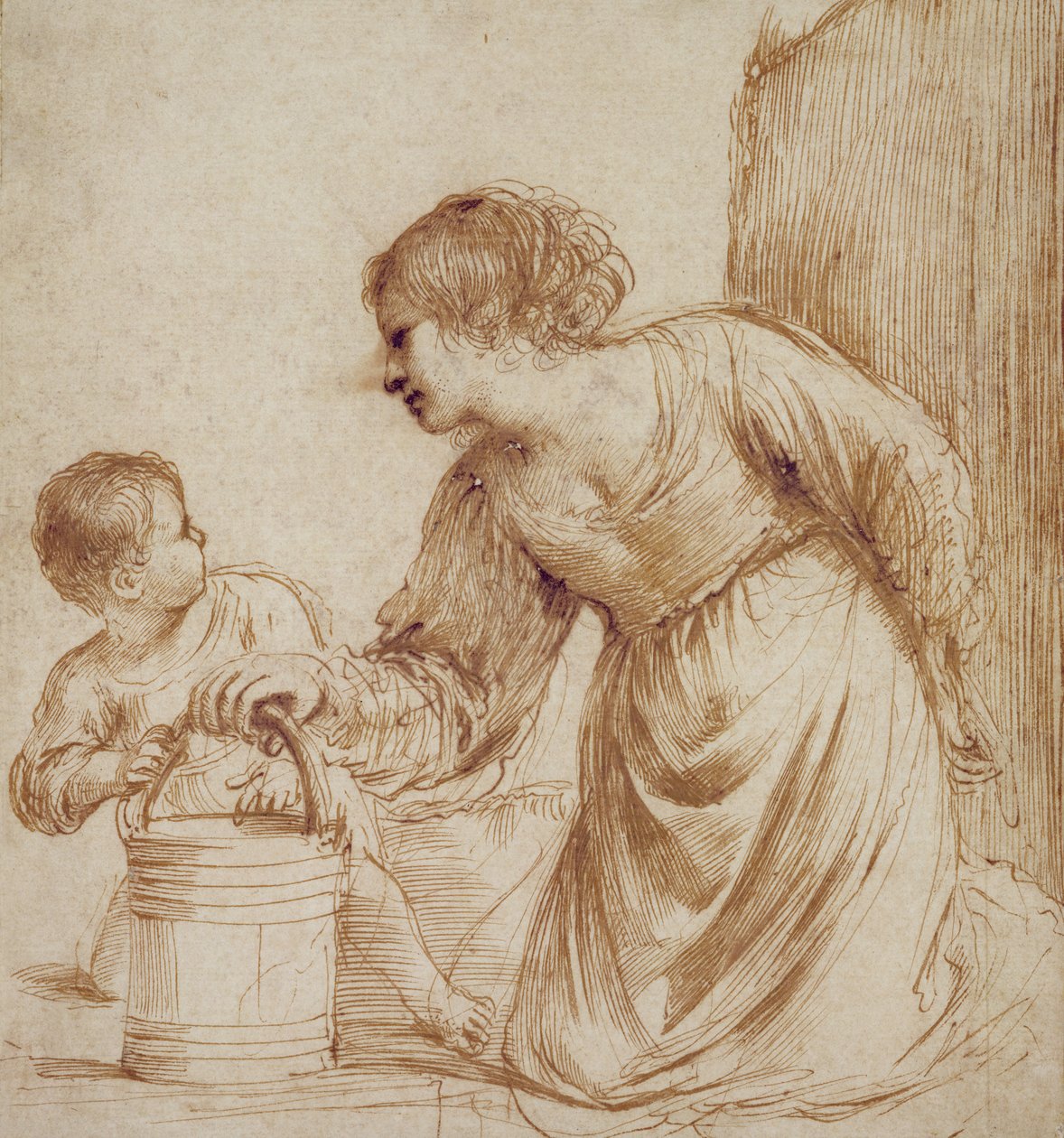 Matka i dziecko z wiaderkiem autorstwa Giovanni Francesco Barbieri