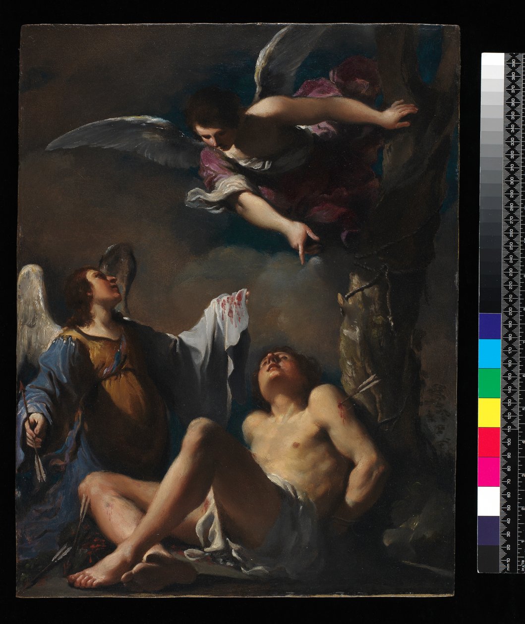 Św. Sebastian w asyście dwóch aniołów, 1617 (olej na miedzi) autorstwa Giovanni Francesco Barbieri