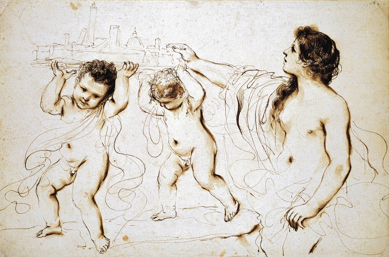 Godło miasta Bolonia, 1625 - 1629 (pióro i brązowy tusz z brązowym rozmyciem na białym papierze) autorstwa Giovanni Francesco Barbieri