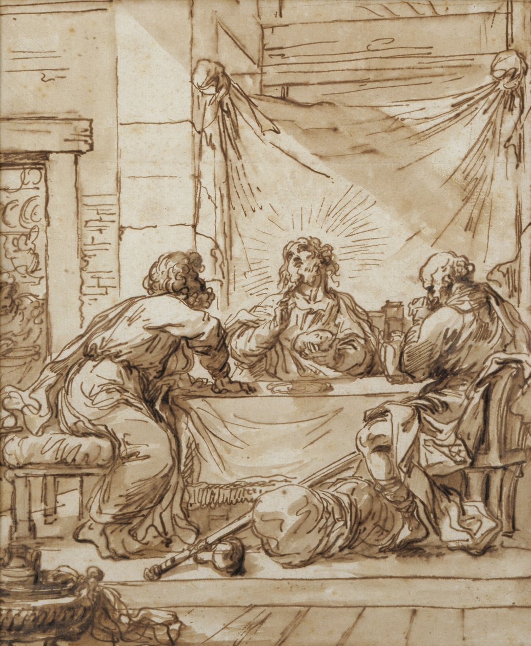 Wieczerza w Emaus (tusz na papierze) autorstwa Giovanni Francesco Barbieri