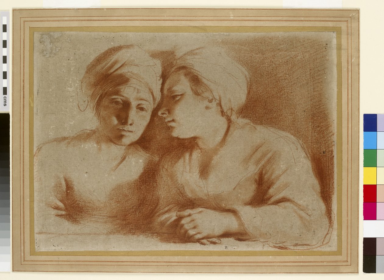 Dwie kobiety w rozmowie, XVII wiek (czerwona kreda na papierze) autorstwa Giovanni Francesco Barbieri